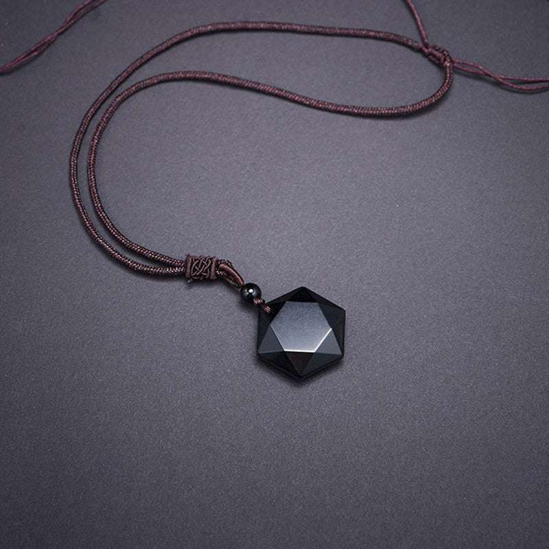 Feng Shui Protection Necklace Natural Black Obsidian Hexagram