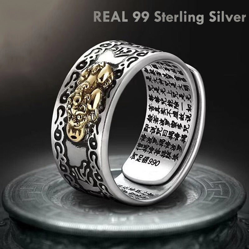 Real 99 Sterling Silver Pixiu Feng Shui Ring – Wealth, Luck & Protection | Heart Sutra Engraved