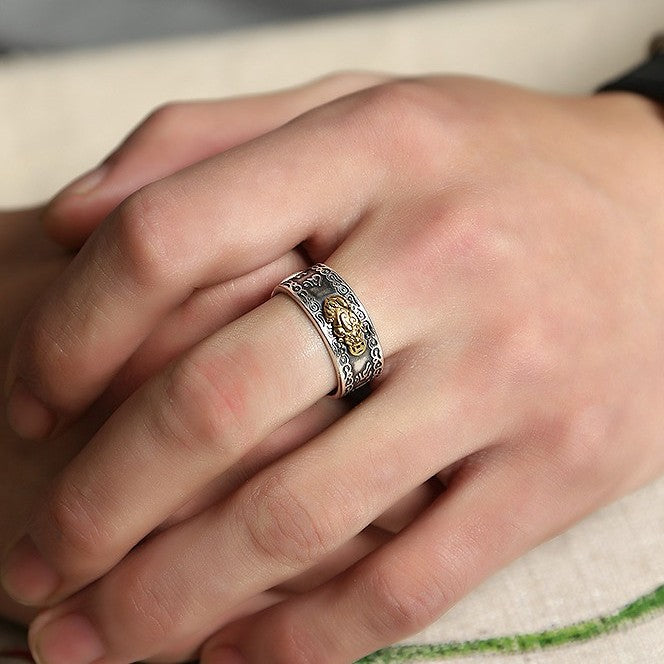 Buddhist Heart Sutra Engraved Pixiu Ring – Solid Silver Design