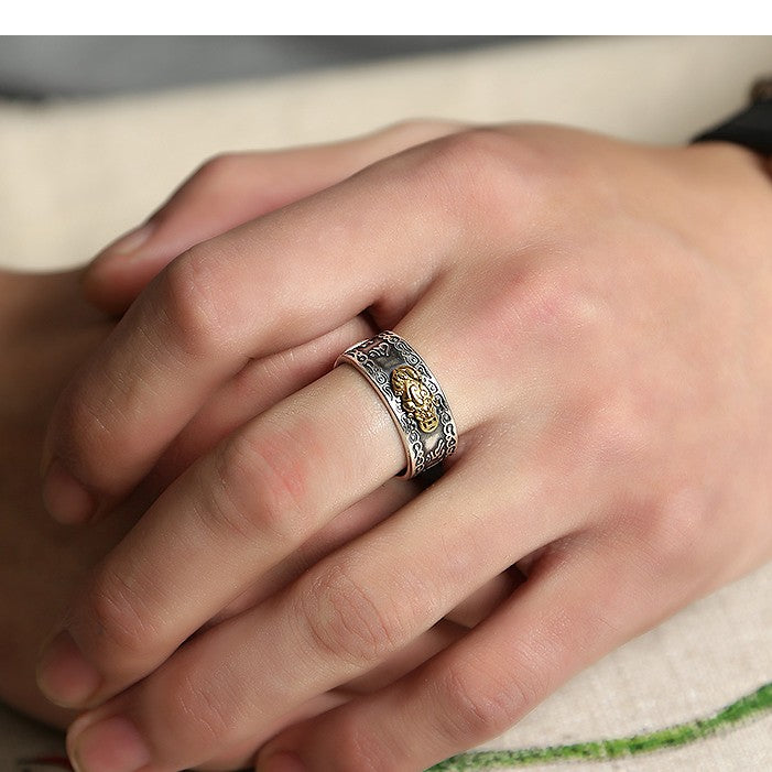 Real 99 Sterling Silver Pixiu Feng Shui Ring – Wealth, Luck & Protection | Heart Sutra Engraved