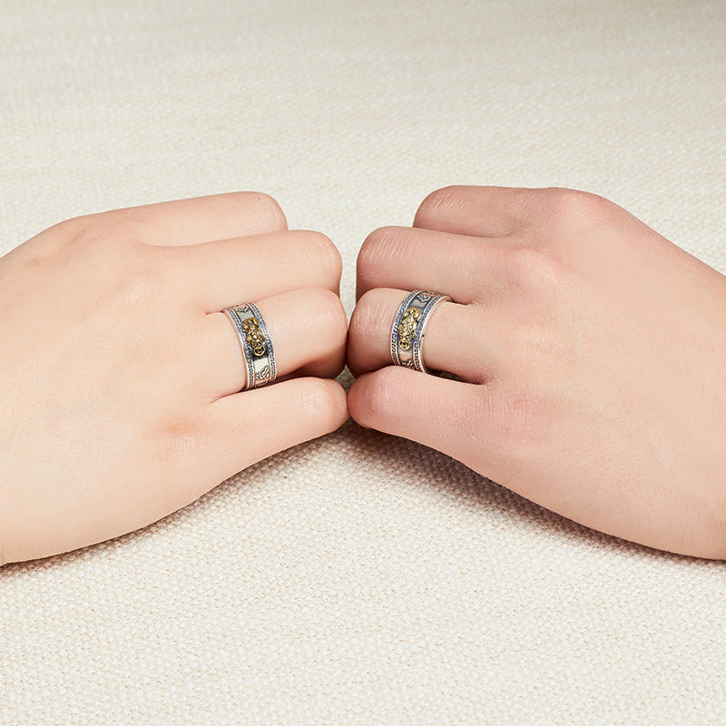 Buddhist Heart Sutra Engraved Pixiu Ring – Solid Silver Design