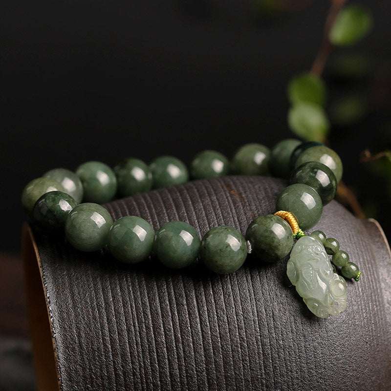Real Green Jade Bracelet with Pixiu Charm for Prosperity