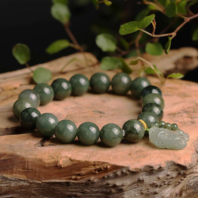 Hand-crafted Jadeite Jade Bracelet Unisex Stretch Cord Burmese Pixiu Wealth