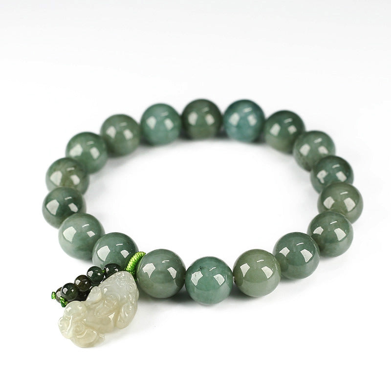 Natural Myanmar Grade A Jadeite Bracelet with Pixiu Charm for Wealth & Protection