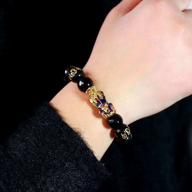 Unisex Black Obsidian Pixiu Wealth Bracelet with Color Shift