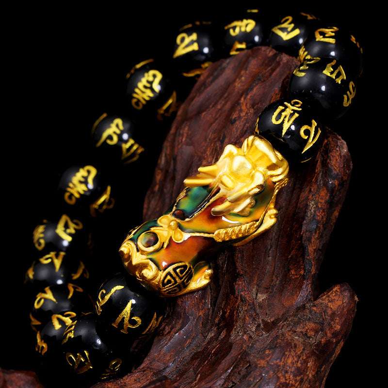Black Obsidian Wealth & Protection Bracelet with Pixiu Charm
