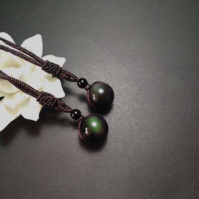 Unisex Black Obsidian Protection Pendant with Rainbow Glow