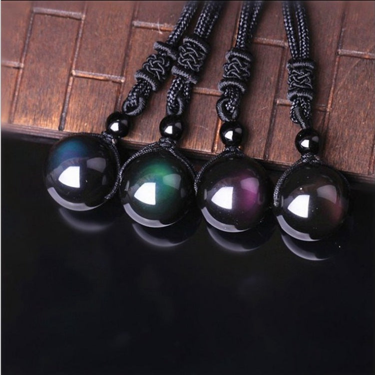 Natural Rainbow Eye Black Obsidian Bead Necklace for Energy Shield