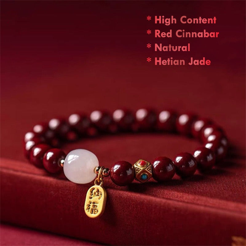 High-Content Red Cinnabar and White Hetian Jade Bracelet for fortune and harmony