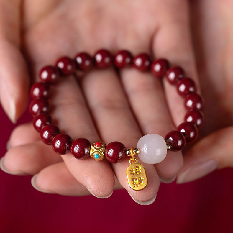 Elegant cinnabar and white jade bracelet jewelry for prosperity and good wishes