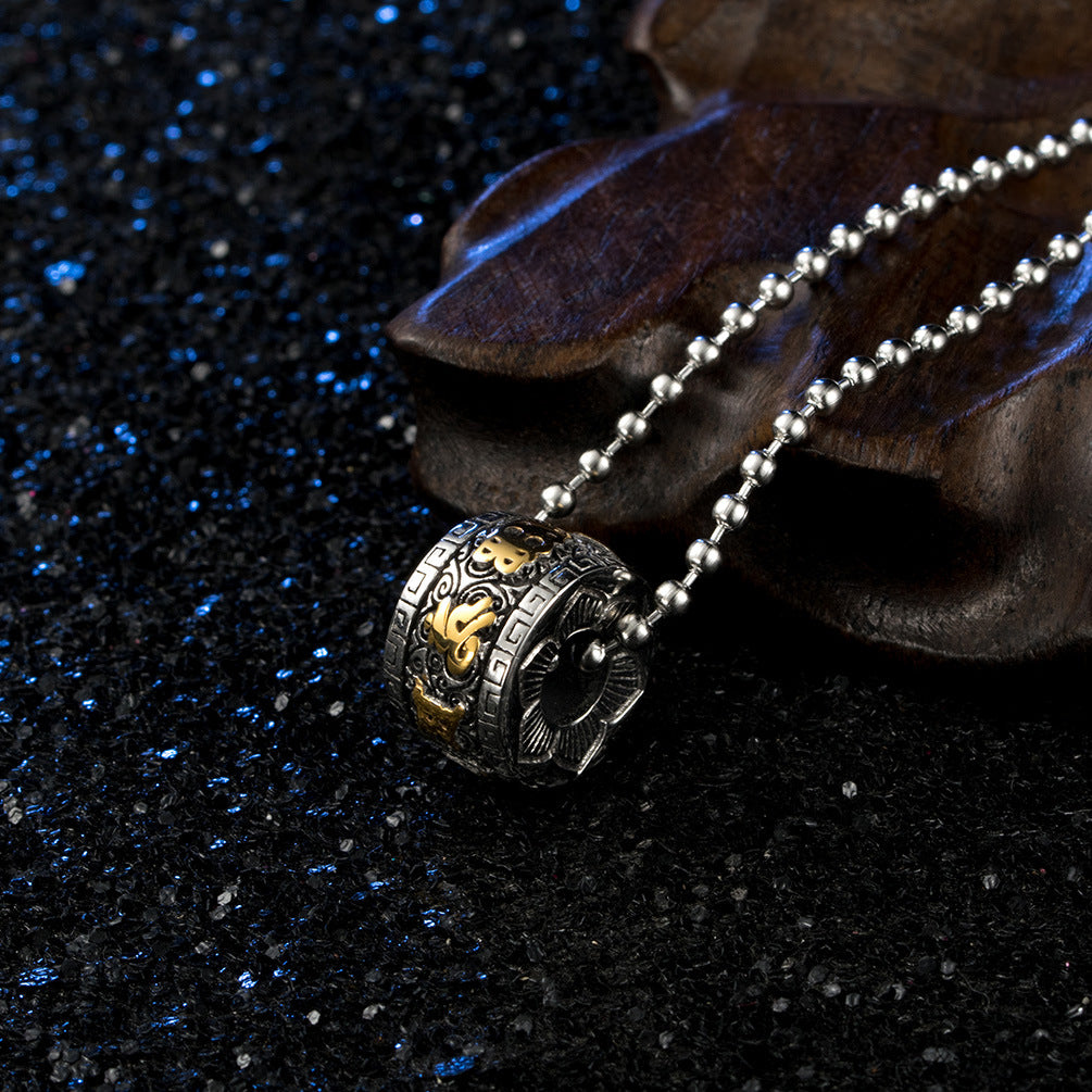 Rotating Mani Mantra Pendant on Black Rope Chain