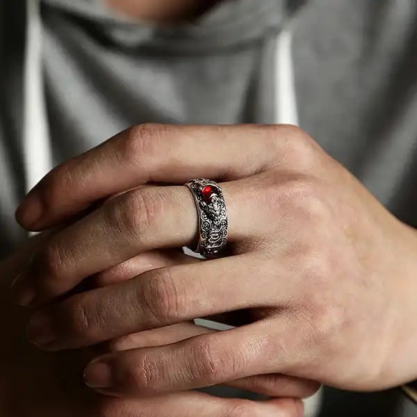 sterling silver Pixiu ring with red garnet gemstone
