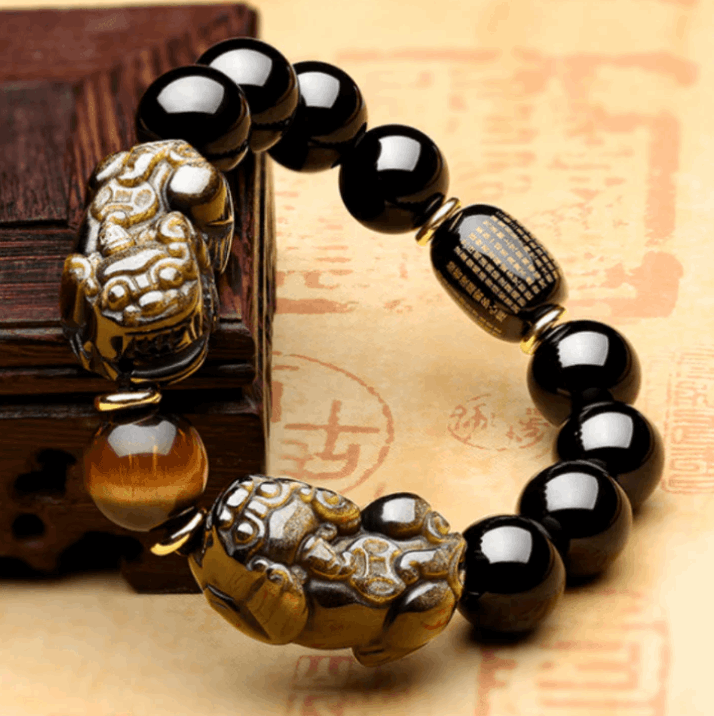 Golden Black Obsidian Double Pixiu Bracelet for Men – Wealth Protection Feng Shui Jewelry