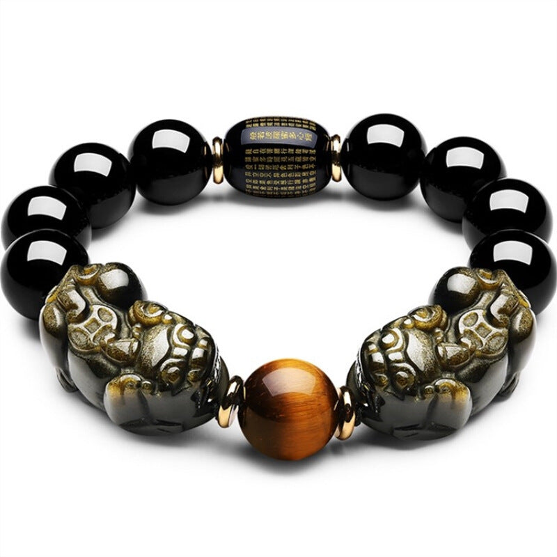 Natural Black Feng Shui Wealth Bracelet – Double Pixiu Design Close-UpPixiu Bracelet