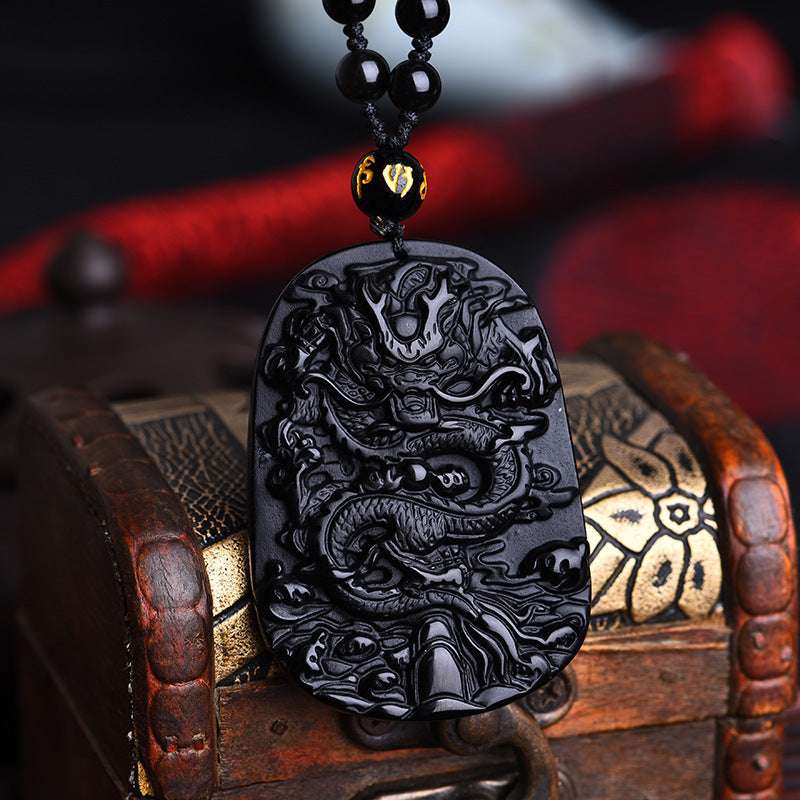 black obsidian men’s necklace dragon amulet feng shui accessory