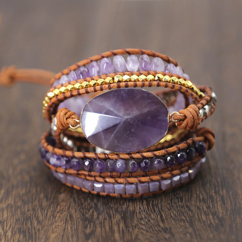 Amethyst Leather Bracelet - Handmade Healing Bracelet with Natural Crystals