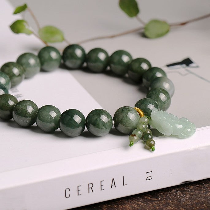 Feng Shui Wealth Bracelet Green Jadeite Jade Pixiu Charm for Abundance