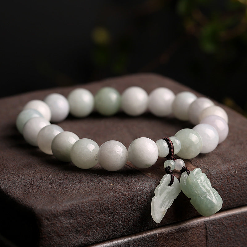 Natural Light Green Jadeite Jade Pixiu Bracelet – 9-10mm Beads