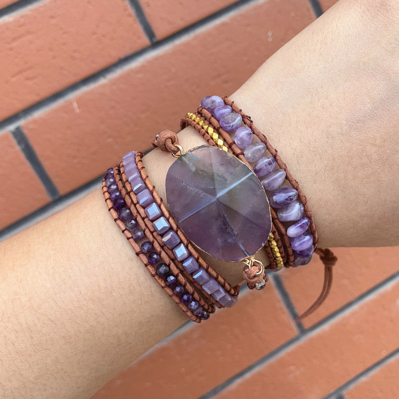 Amethyst Leather Bracelet - Handmade Healing Bracelet with Natural Crystals