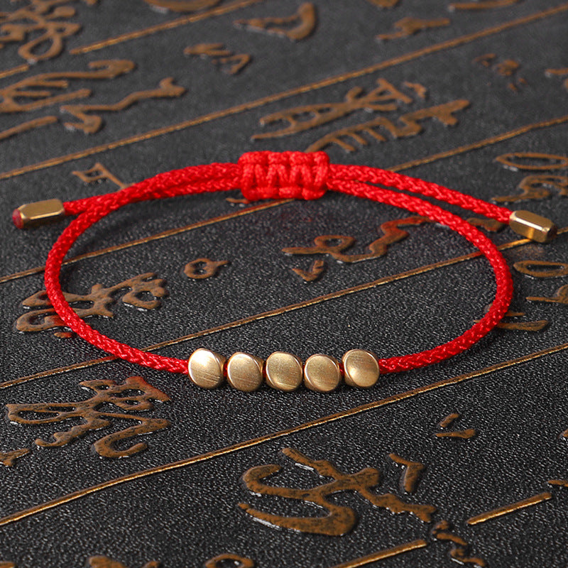 Handmade Tibetan Red String Bracelet with Copper Beads