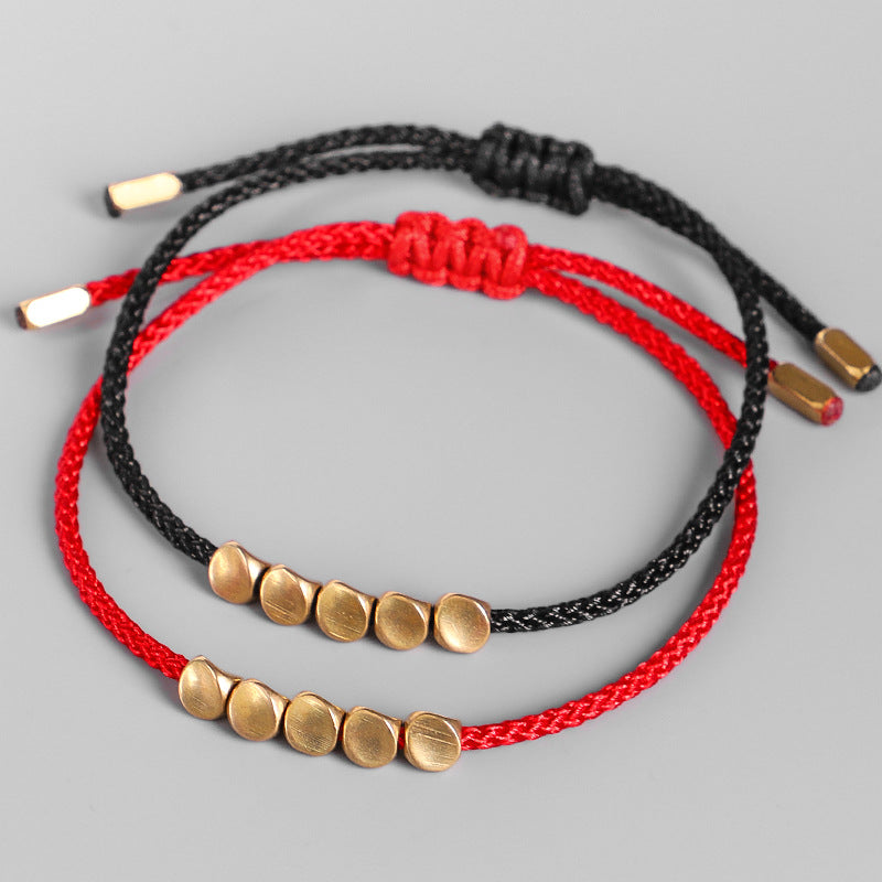 Handmade Tibetan Red String Bracelet with Copper Beads
