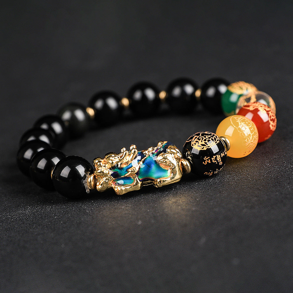 Rainbow Eye Obsidian Wealth Bracelet Pixiu & Five Wealth Gods