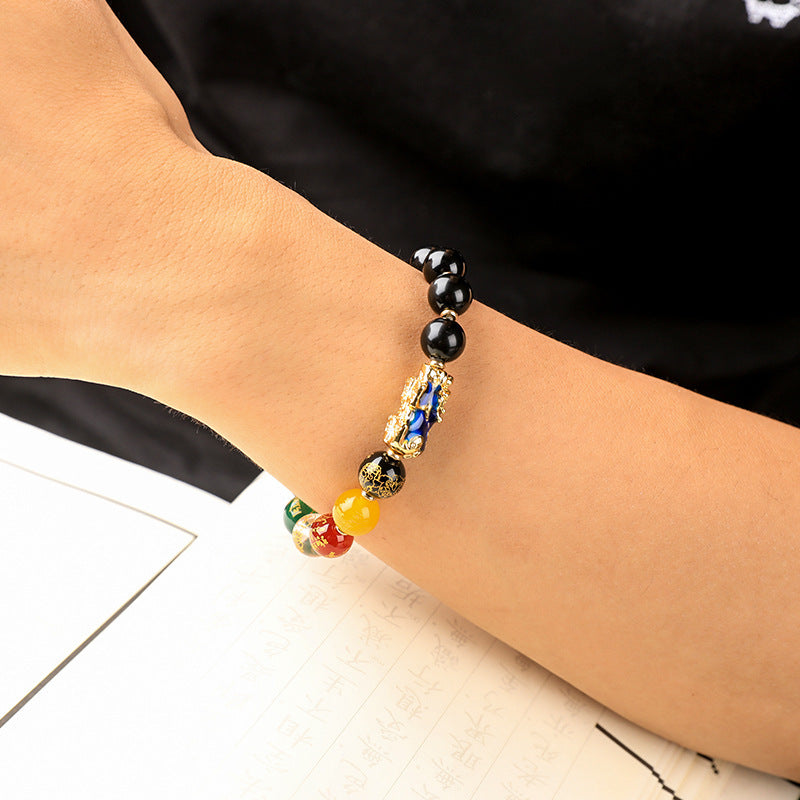 Unisex Obsidian Pixiu Bracelet with Color-Shifting Charm