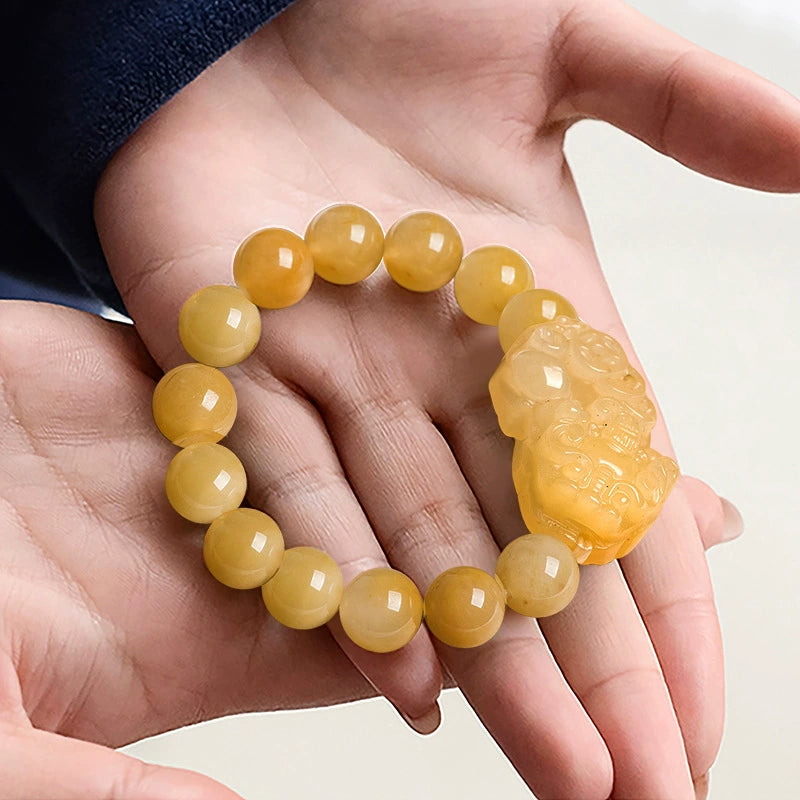 Handcrafted Golden Silk Jade Beads with Pixiu Charm