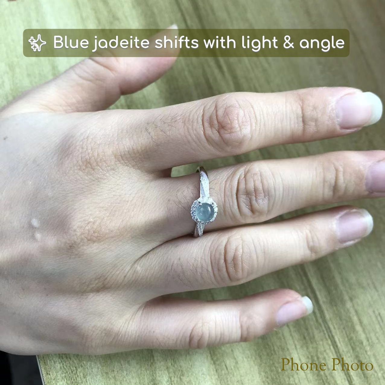Natural Blue Water Jadeite Ring – Sterling Silver Adjustable Band