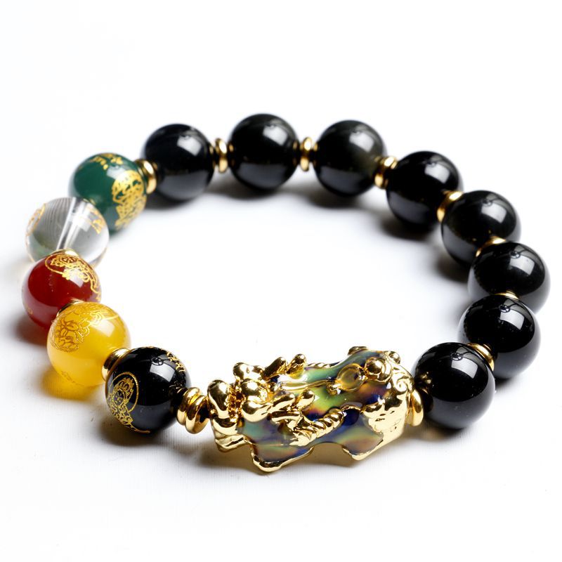 Five Wealth Gods Pixiu Bracelet Color-Change Black Obsidian Wealth & Protection