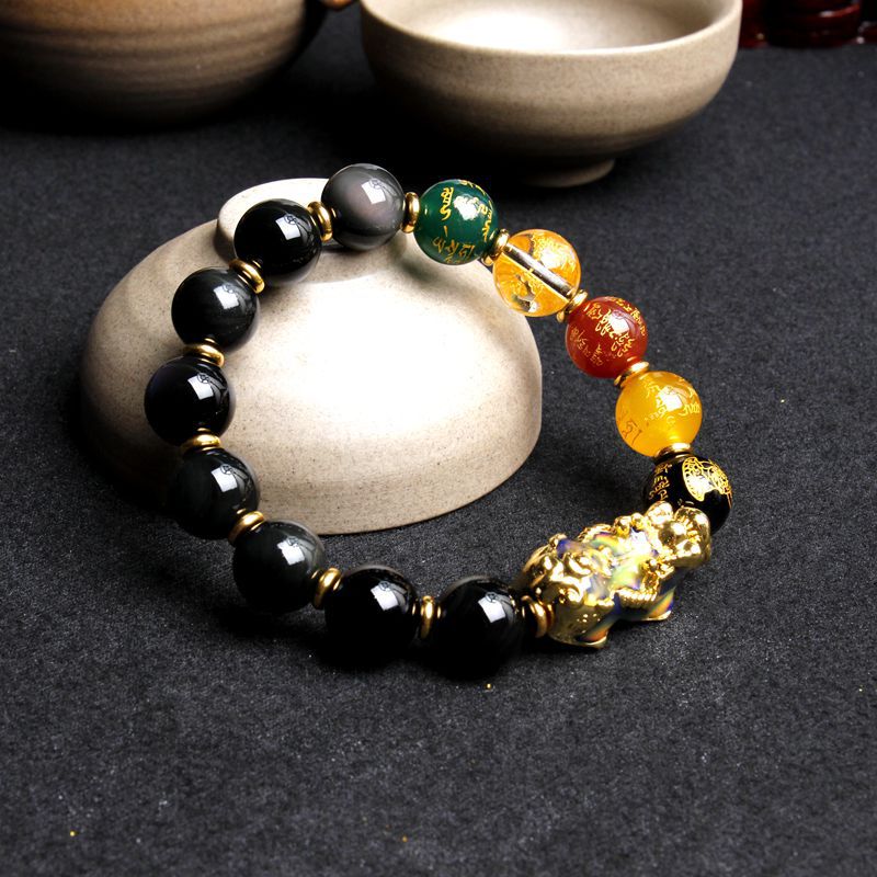Color Change Pixiu Charm Bracelet with Rainbow Eye Obsidian Beads