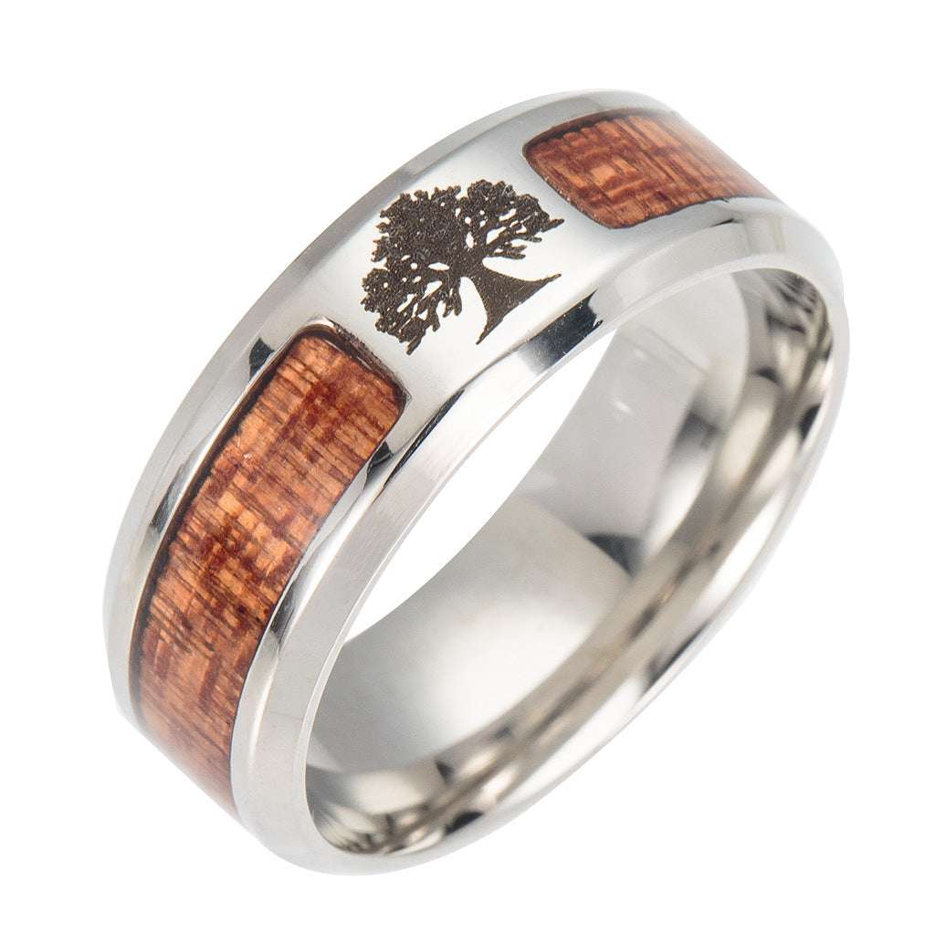 Wood Titanium Tree of Life Ring – Growth & Strength Symbol