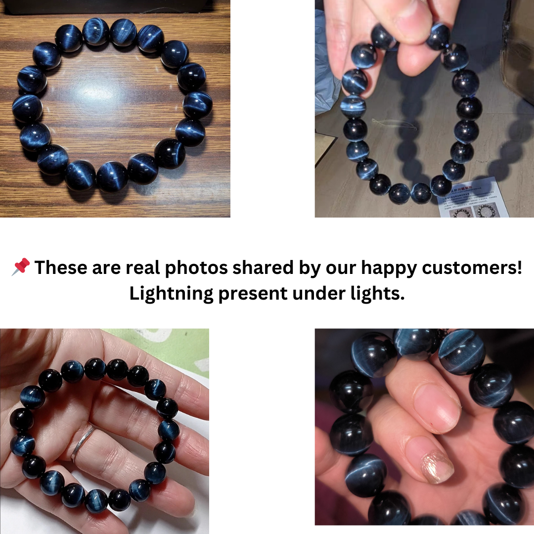 close-up of blue tiger eye beads showing deep-blue glow