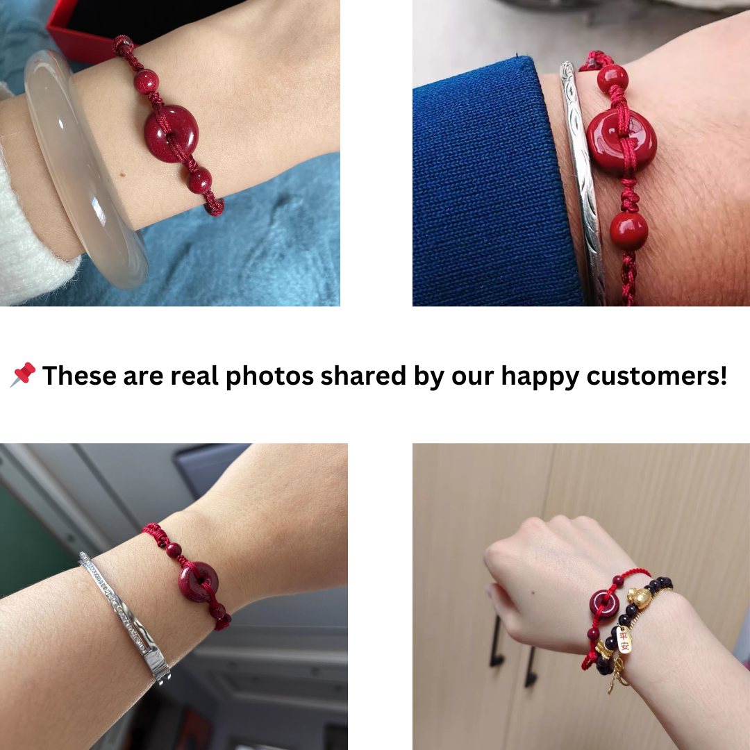 Close-up of cinnabar donut bead on handmade red string bracelet