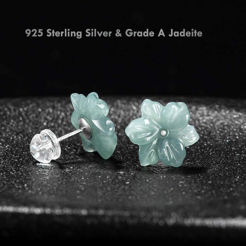 Icy Blue Jadeite Jade Flower Stud Earrings in 925 Silver