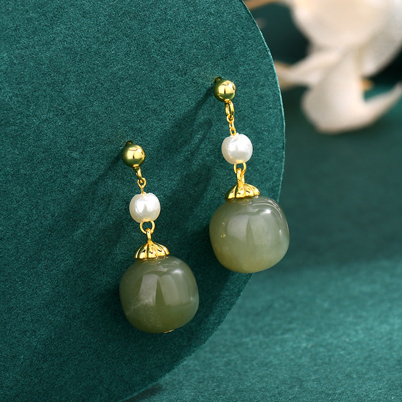 green jade bead drop earrings