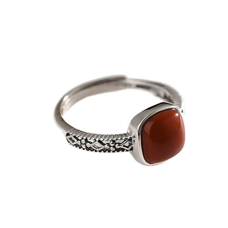 Square Red Agate Gemstone Ring – Vintage Healing Energy Ring for Women