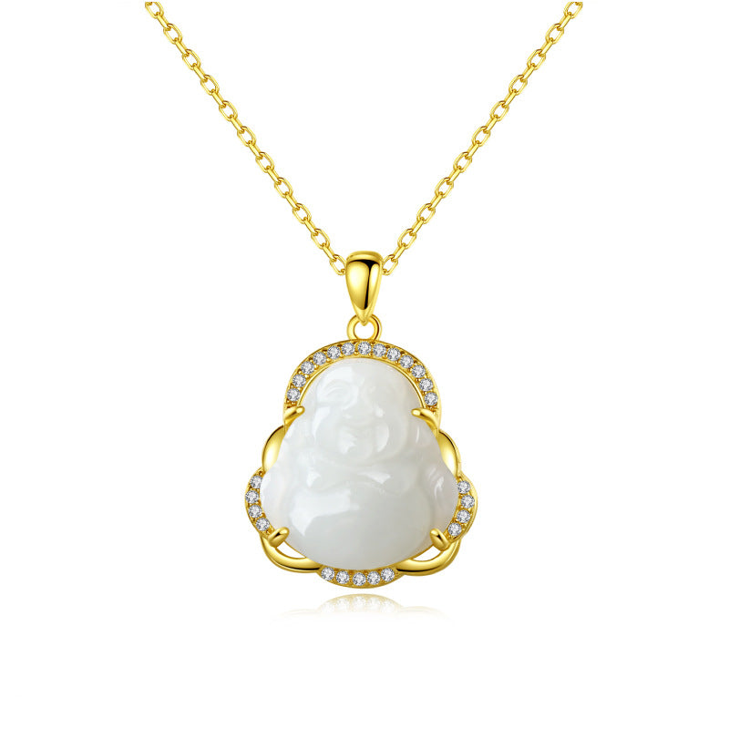 Close-up of Maitreya Buddha pendant on gold chain