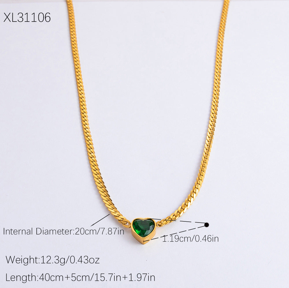 Green Zircon Necklace - 18K Titanium Heart Necklace for Timeless Elegance