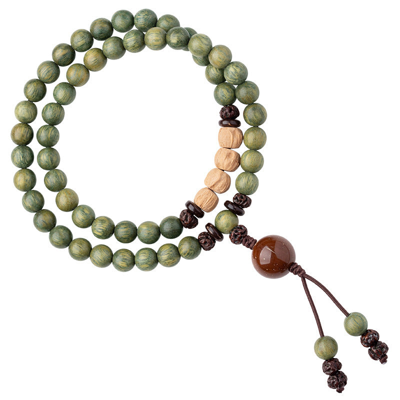 natural green sandalwood mala bracelet handmade wood beads crystal accent