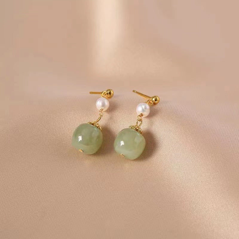 green jade bead drop earrings