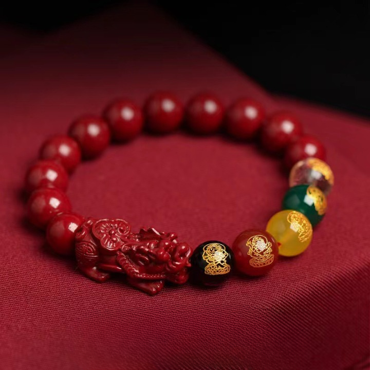 Cinnabar Pixiu Feng Shui Bracelet – Five Wealth Gods, 90% High Content Beads, Abundance & Protection