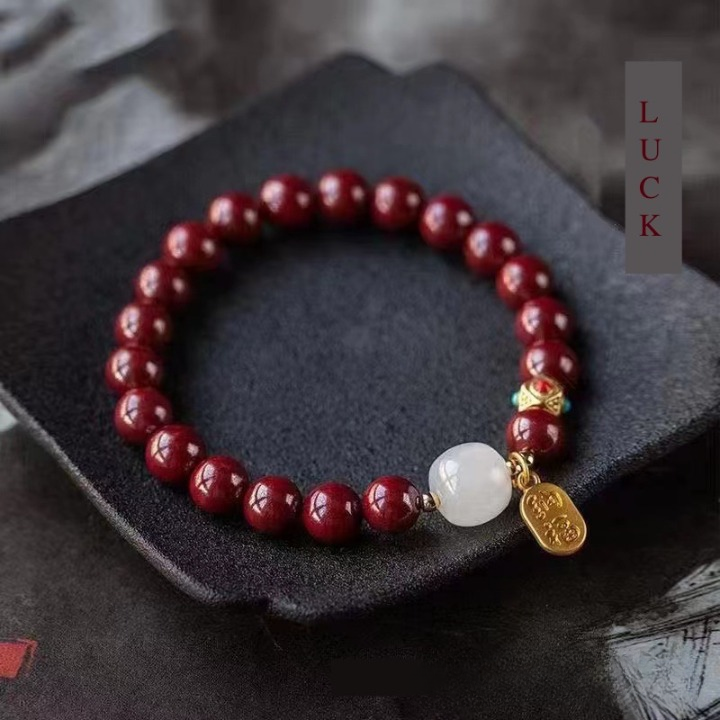 High-Content Red Cinnabar and White Hetian Jade Bracelet for fortune and harmony