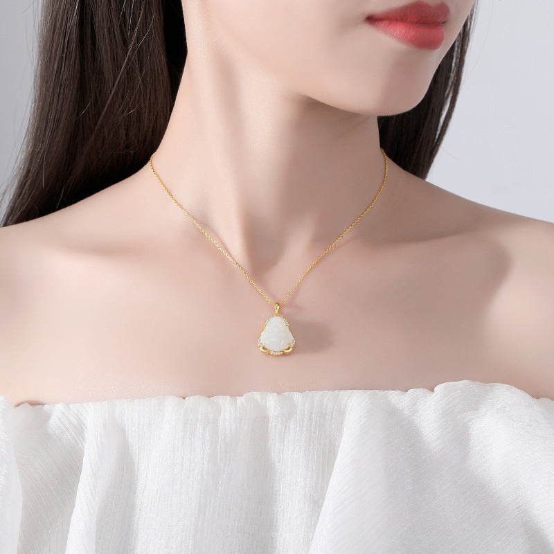Lifestyle shot wearing Hetian jade Buddha necklace