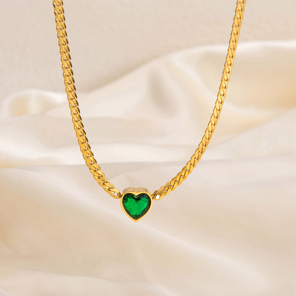 Green Zircon Necklace - 18K Titanium Heart Necklace for Timeless Elegance