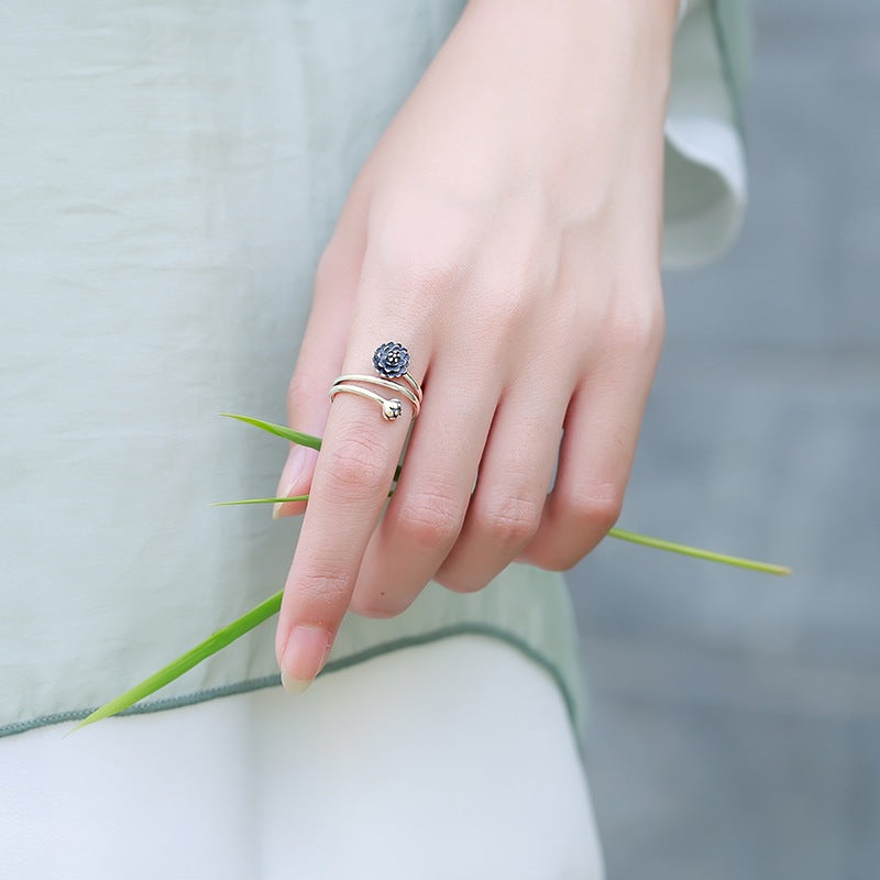 handcrafted lotus flower silver ring adjustable unisex spiritual jewelry