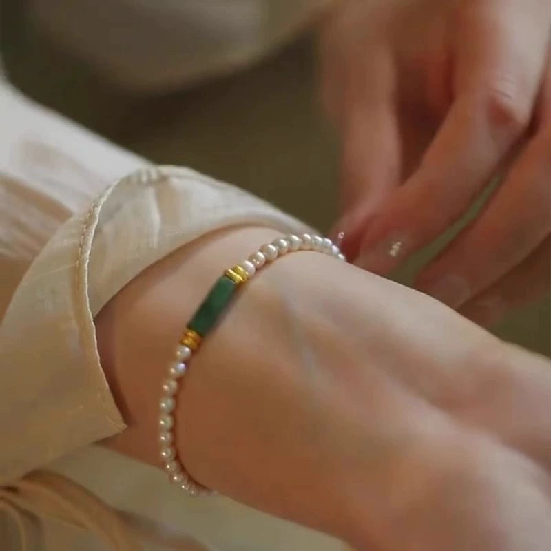 925 Silver Gold-Plated Beads with Natural Jade Accent