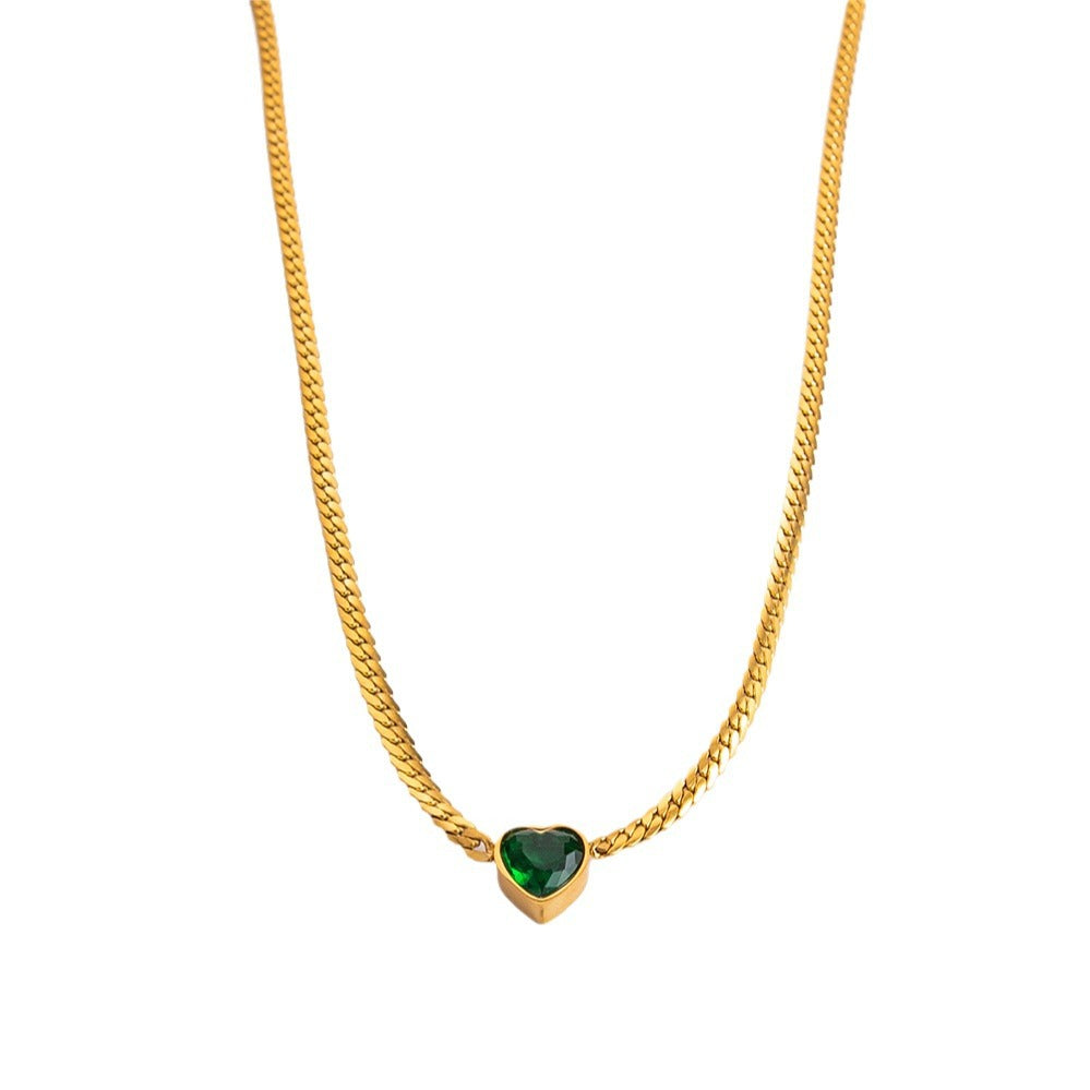 Green Zircon Necklace - 18K Titanium Heart Necklace for Timeless Elegance