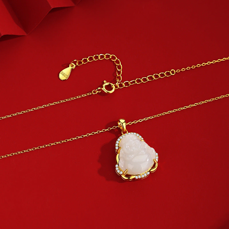 Close-up of Maitreya Buddha pendant on gold chain