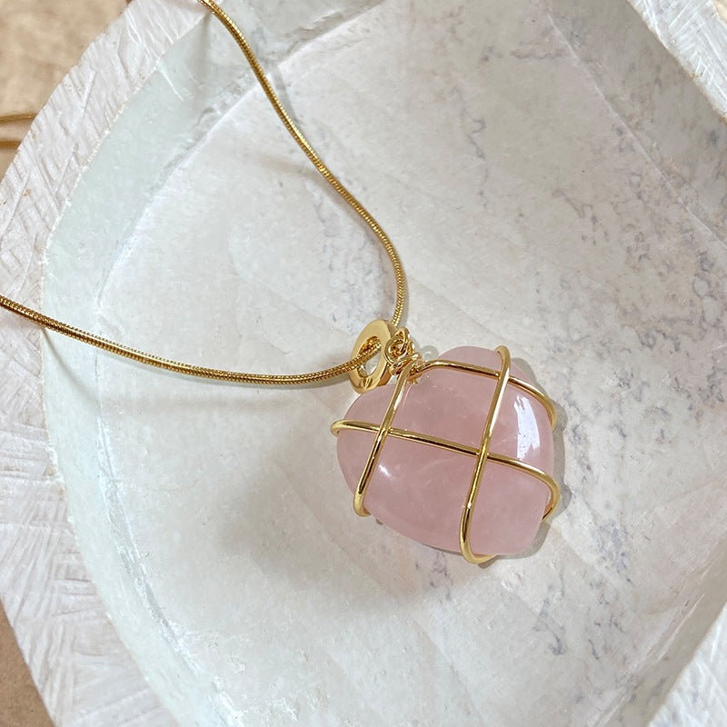 Rose Quartz Heart Necklace for Women – Natural Crystal Love Pendant